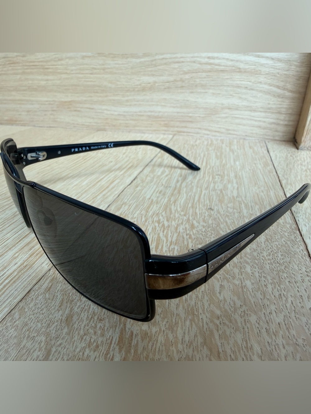 Authentic Prada Mens Black and Gold Rectangular Sunglasses